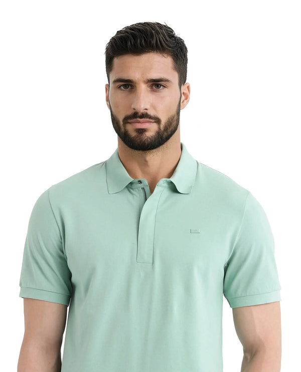Rare Rabbit Men Salis-25 Green Cotton Blend Fabric Short Sleeve Collared Neck Zipper/Snap Closure Plain Polo