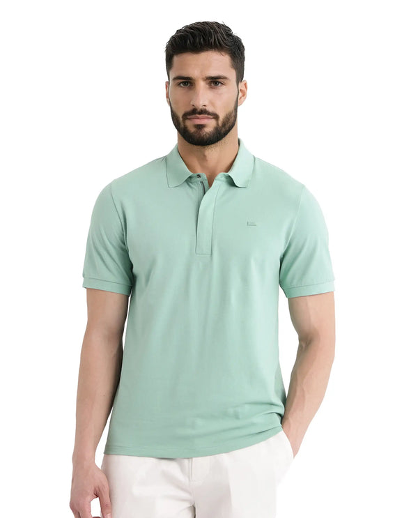 Rare Rabbit Men Salis-25 Green Cotton Blend Fabric Short Sleeve Collared Neck Zipper/Snap Closure Plain Polo