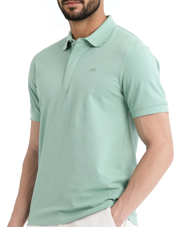 Rare Rabbit Men Salis-25 Green Cotton Blend Fabric Short Sleeve Collared Neck Zipper/Snap Closure Plain Polo