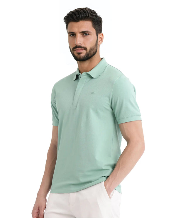 Rare Rabbit Men Salis-25 Green Cotton Blend Fabric Short Sleeve Collared Neck Zipper/Snap Closure Plain Polo