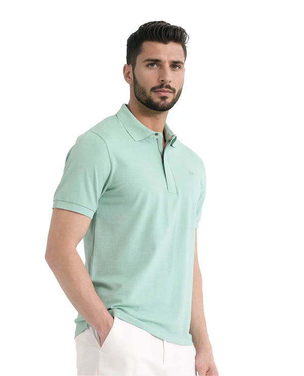 Rare Rabbit Men Salis-25 Green Cotton Blend Fabric Short Sleeve Collared Neck Zipper/Snap Closure Plain Polo