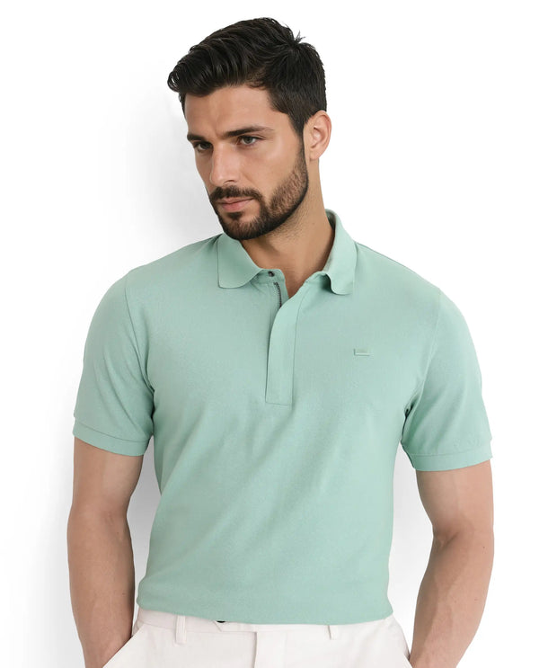 Rare Rabbit Men Salis-25 Green Cotton Blend Fabric Short Sleeve Collared Neck Zipper/Snap Closure Plain Polo
