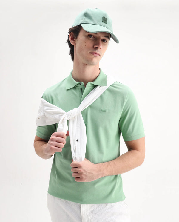 Rare Rabbit Men Salis-25 Green Cotton Blend Fabric Short Sleeve Collared Neck Zipper/Snap Closure Plain Polo