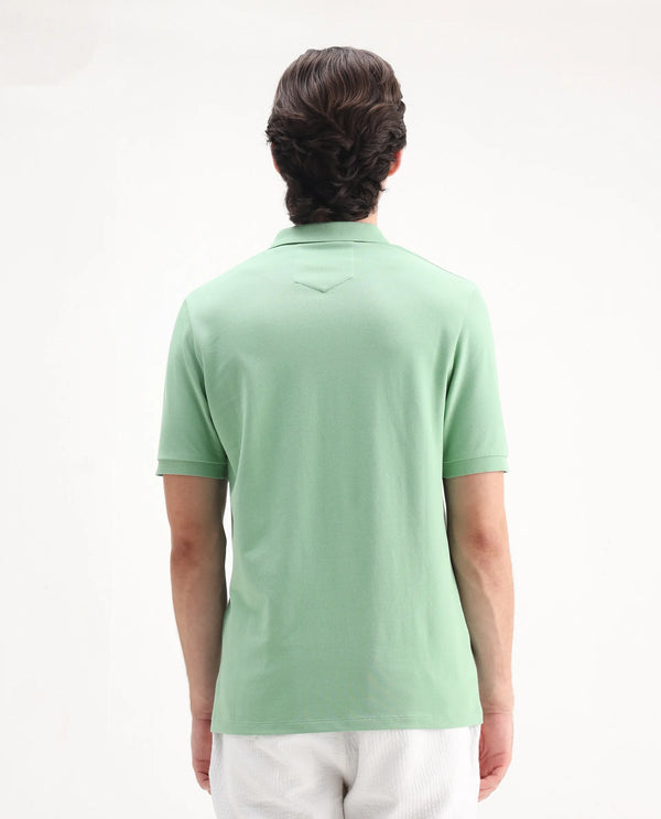 Rare Rabbit Men Salis-25 Green Cotton Blend Fabric Short Sleeve Collared Neck Zipper/Snap Closure Plain Polo