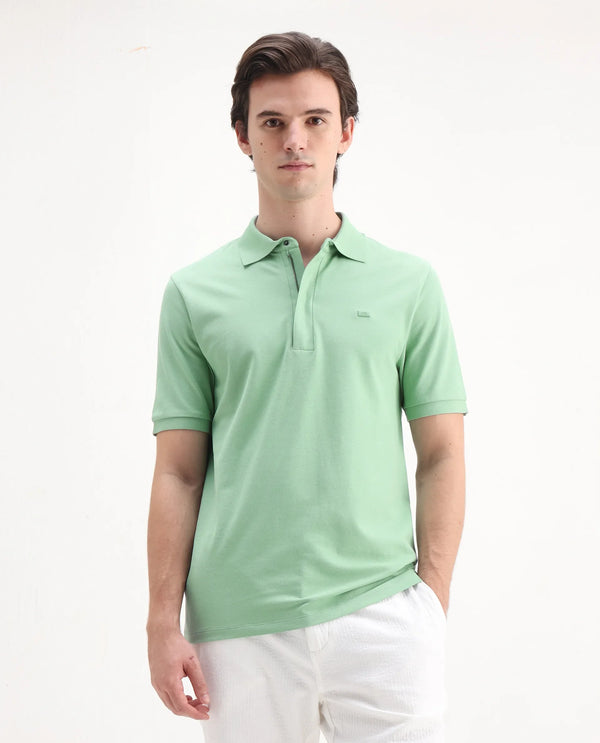 Rare Rabbit Men Salis-25 Green Cotton Blend Fabric Short Sleeve Collared Neck Zipper/Snap Closure Plain Polo