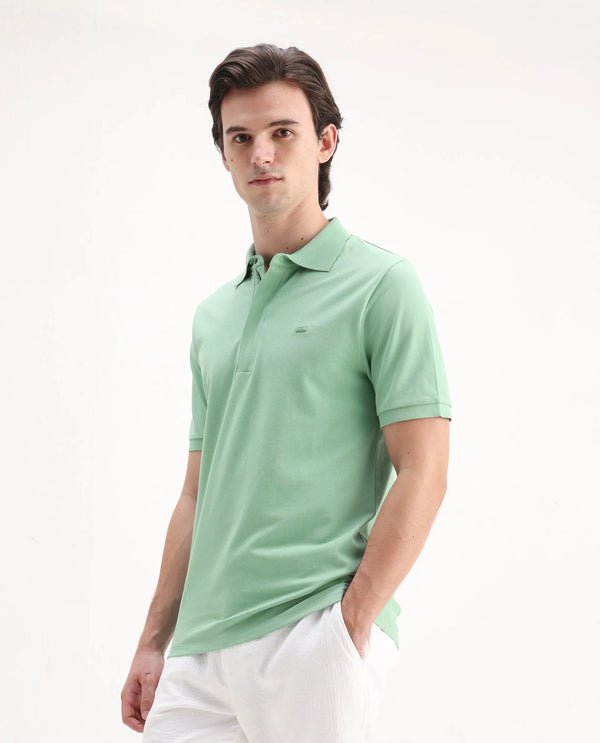 Rare Rabbit Men Salis-25 Green Cotton Blend Fabric Short Sleeve Collared Neck Zipper/Snap Closure Plain Polo