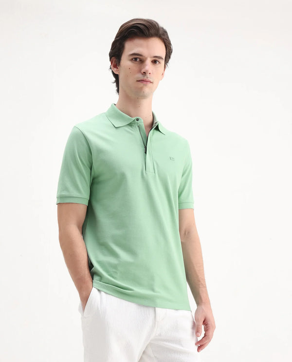 Rare Rabbit Men Salis-25 Green Cotton Blend Fabric Short Sleeve Collared Neck Zipper/Snap Closure Plain Polo