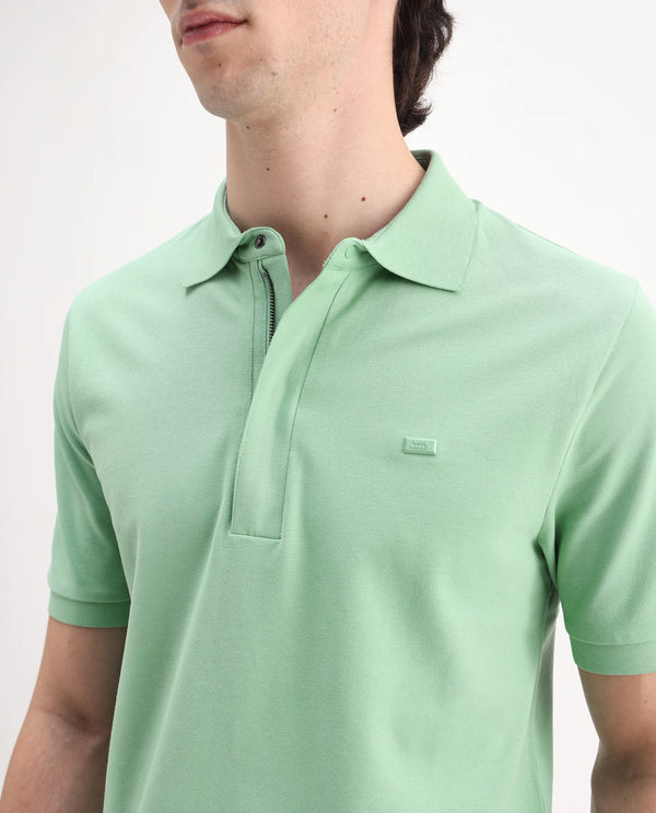 Rare Rabbit Men Salis-25 Green Cotton Blend Fabric Short Sleeve Collared Neck Zipper/Snap Closure Plain Polo