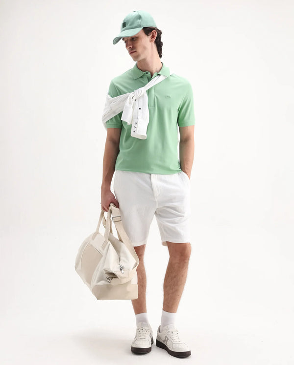 Rare Rabbit Men Salis-25 Green Cotton Blend Fabric Short Sleeve Collared Neck Zipper/Snap Closure Plain Polo