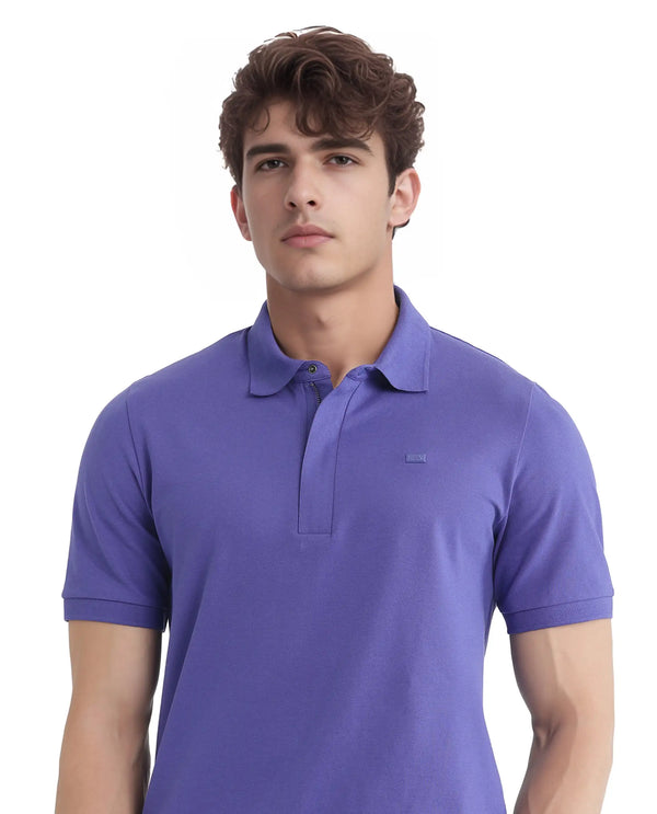 Rare Rabbit Men Salis-25 Purple Cotton Blend Fabric Short Sleeve Collared Neck Zipper/Snap Closure Plain Polo