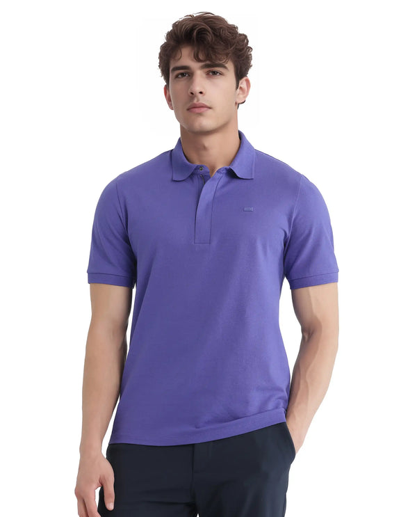 Rare Rabbit Men Salis-25 Purple Cotton Blend Fabric Short Sleeve Collared Neck Zipper/Snap Closure Plain Polo
