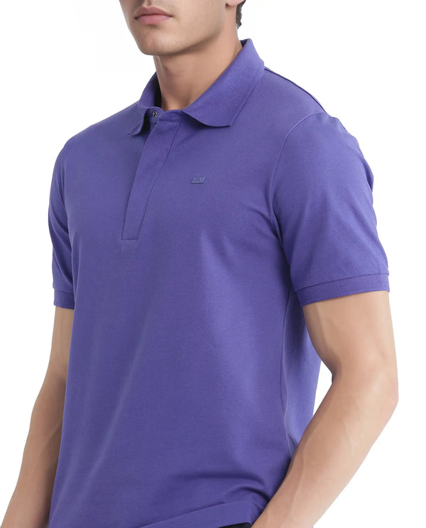 Rare Rabbit Men Salis-25 Purple Cotton Blend Fabric Short Sleeve Collared Neck Zipper/Snap Closure Plain Polo