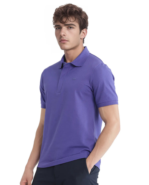 Rare Rabbit Men Salis-25 Purple Cotton Blend Fabric Short Sleeve Collared Neck Zipper/Snap Closure Plain Polo