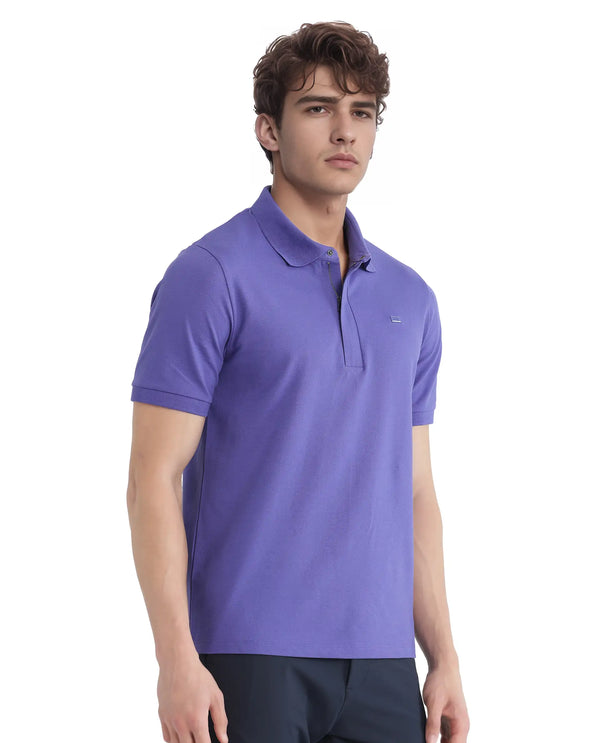 Rare Rabbit Men Salis-25 Purple Cotton Blend Fabric Short Sleeve Collared Neck Zipper/Snap Closure Plain Polo