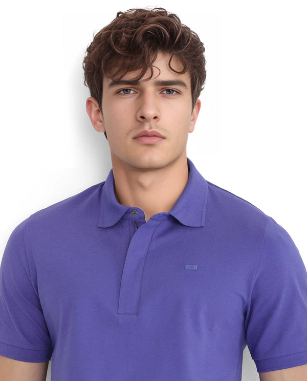 Rare Rabbit Men Salis-25 Purple Cotton Blend Fabric Short Sleeve Collared Neck Zipper/Snap Closure Plain Polo