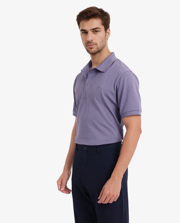 Rare Rabbit Men Salis-2 Dusky Purple Cotton Fabric Collared Neck Zipper And Snap Button Closure Half Sleeves Polo T-Shirt