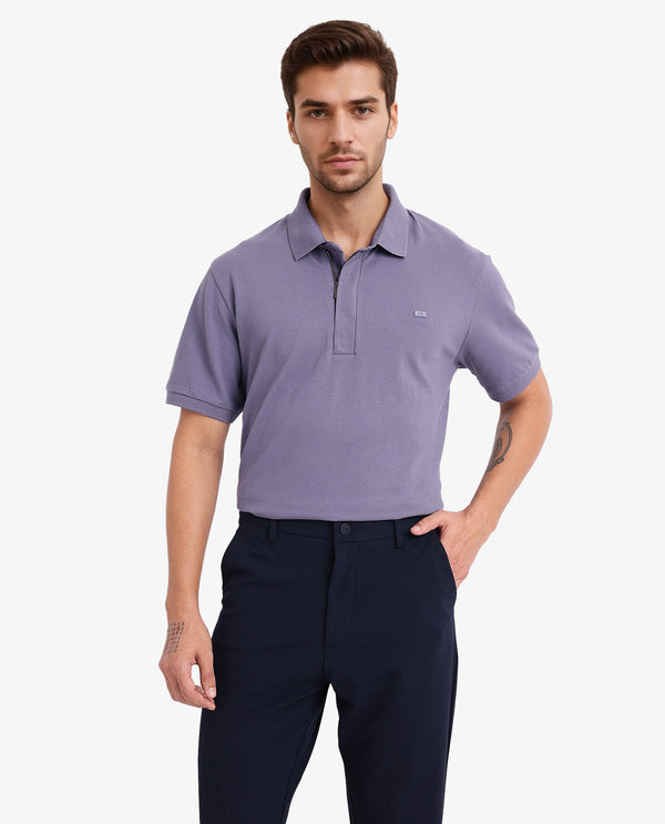 Rare Rabbit Men Salis-2 Dusky Purple Cotton Fabric Collared Neck Zipper And Snap Button Closure Half Sleeves Polo T-Shirt