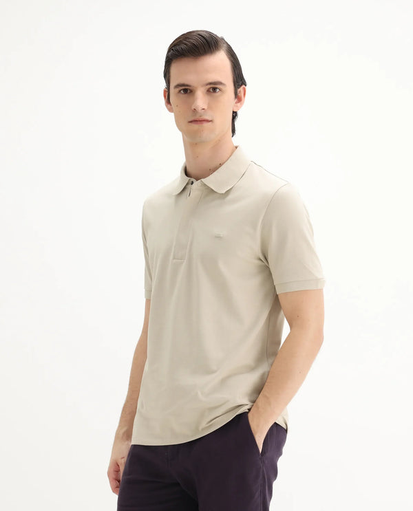 Rare Rabbit Men Salis-25 Beige Cotton Blend Fabric Short Sleeve Collared Neck Zipper/Snap Closure Plain Polo