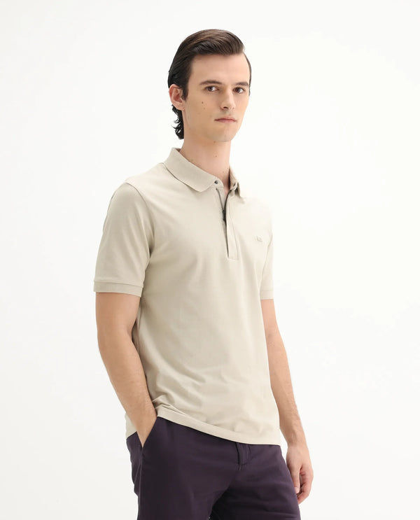 Rare Rabbit Men Salis-25 Beige Cotton Blend Fabric Short Sleeve Collared Neck Zipper/Snap Closure Plain Polo