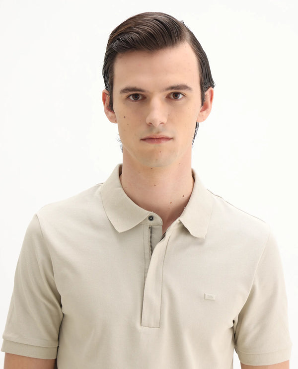 Rare Rabbit Men Salis-25 Beige Cotton Blend Fabric Short Sleeve Collared Neck Zipper/Snap Closure Plain Polo