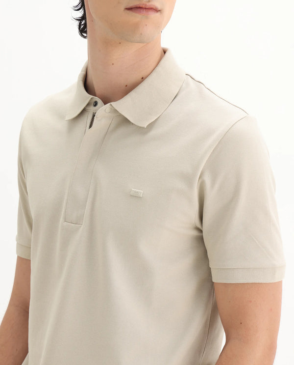 Rare Rabbit Men Salis-25 Beige Cotton Blend Fabric Short Sleeve Collared Neck Zipper/Snap Closure Plain Polo