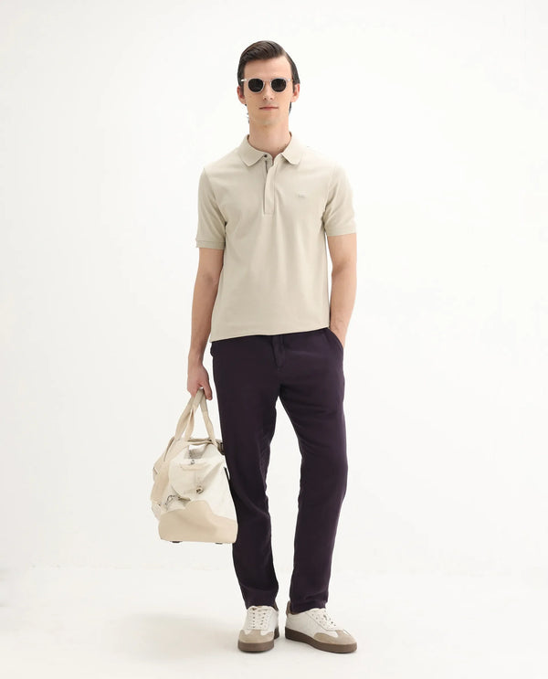 Rare Rabbit Men Salis-25 Beige Cotton Blend Fabric Short Sleeve Collared Neck Zipper/Snap Closure Plain Polo