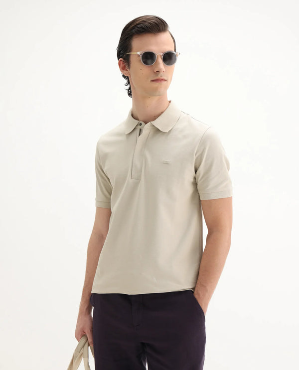 Rare Rabbit Men Salis-25 Beige Cotton Blend Fabric Short Sleeve Collared Neck Zipper/Snap Closure Plain Polo