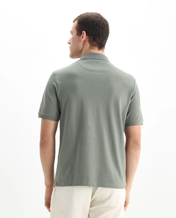Rare Rabbit Men Salis-2 Dusky Green Cotton Fabric Collared Neck Zipper And Snap Button Closure Half Sleeves Polo T-Shirt