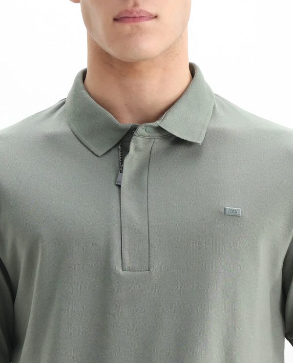 Rare Rabbit Men Salis-2 Dusky Green Cotton Fabric Collared Neck Zipper And Snap Button Closure Half Sleeves Polo T-Shirt