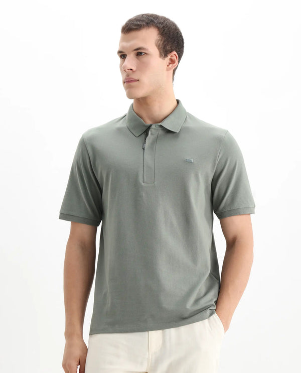 Rare Rabbit Men Salis-2 Dusky Green Cotton Fabric Collared Neck Zipper And Snap Button Closure Half Sleeves Polo T-Shirt