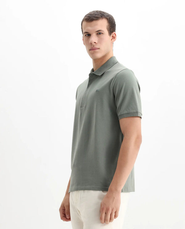 Rare Rabbit Men Salis-2 Dusky Green Cotton Fabric Collared Neck Zipper And Snap Button Closure Half Sleeves Polo T-Shirt
