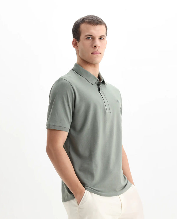 Rare Rabbit Men Salis-2 Dusky Green Cotton Fabric Collared Neck Zipper And Snap Button Closure Half Sleeves Polo T-Shirt
