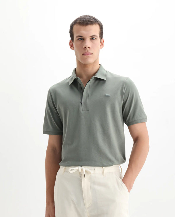 Rare Rabbit Men Salis-2 Dusky Green Cotton Fabric Collared Neck Zipper And Snap Button Closure Half Sleeves Polo T-Shirt