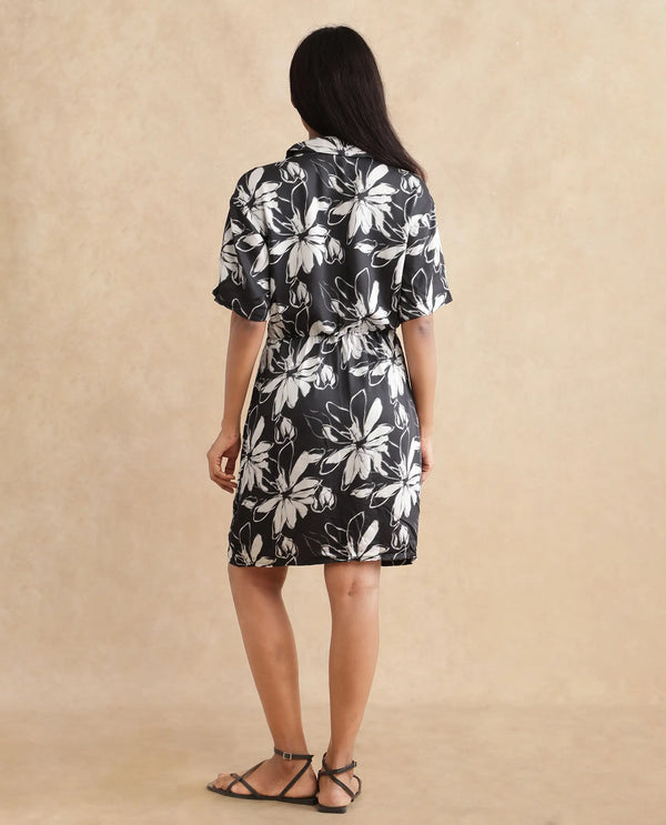 Rareism Women Saltillo Black Short Sleeve Collared Collar Button A-Line Floral Mini Dress