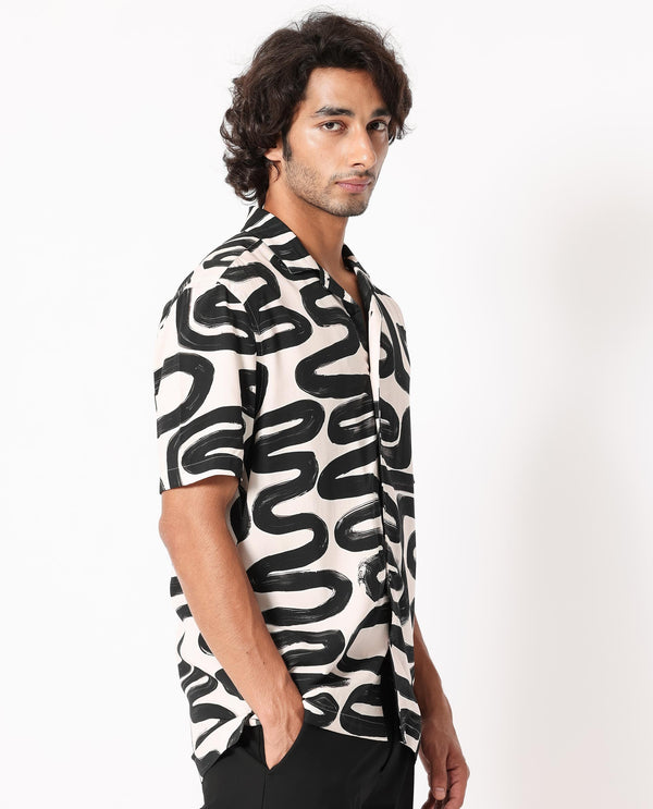 Rare Rabbit Men's Salto Beige Viscose Fabric Cuban Collar Abstract Print Half Sleeves Shirt