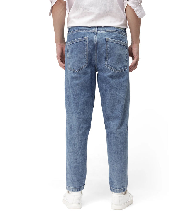 Rare Rabbit Men's Sam-2 Light Blue Mid-Wash Mid-Rise Carrot Fit Jeans