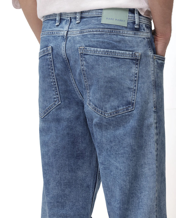Rare Rabbit Men's Sam-2 Light Blue Mid-Wash Mid-Rise Carrot Fit Jeans