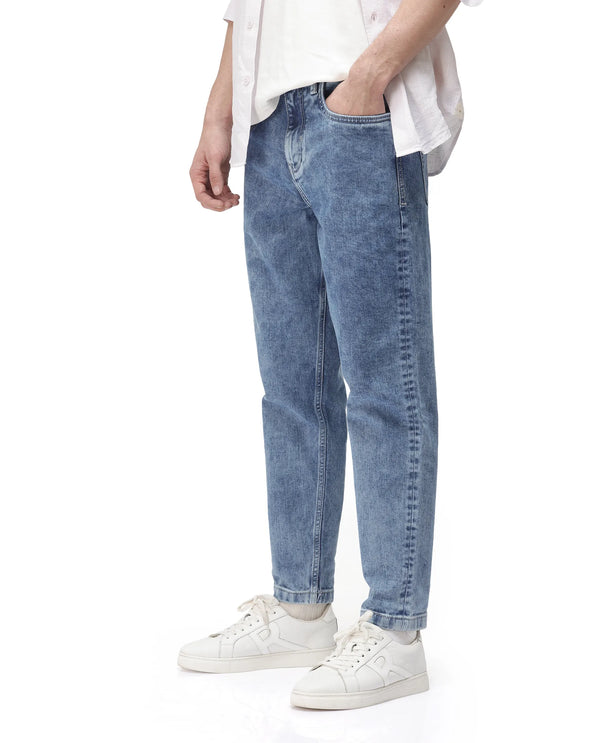 Rare Rabbit Men's Sam-2 Light Blue Mid-Wash Mid-Rise Carrot Fit Jeans