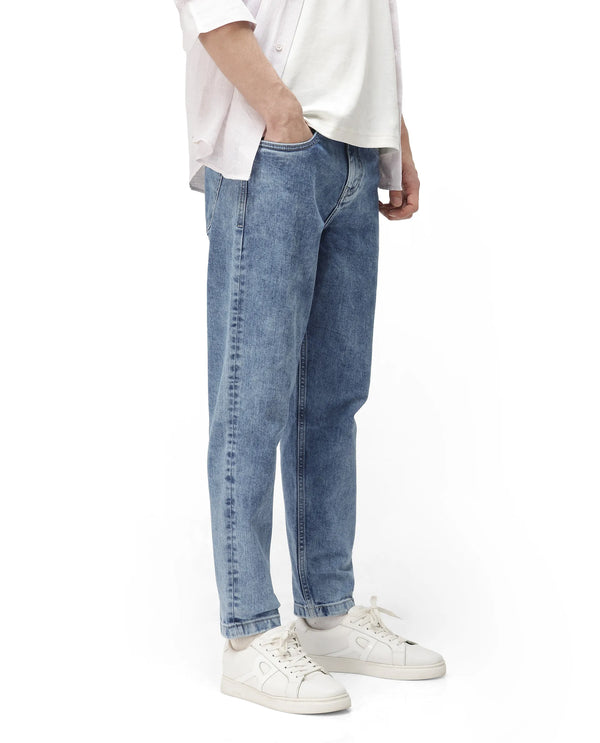 Rare Rabbit Men's Sam-2 Light Blue Mid-Wash Mid-Rise Carrot Fit Jeans