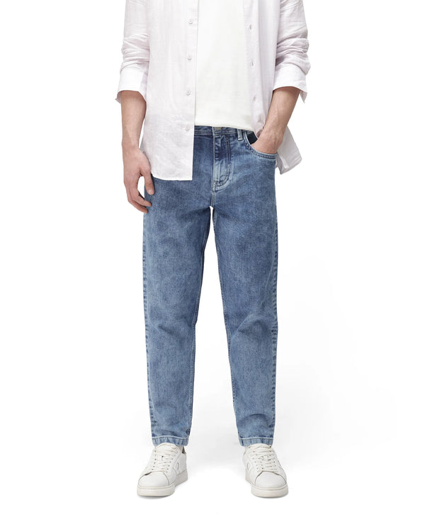 Rare Rabbit Men's Sam-2 Light Blue Mid-Wash Mid-Rise Carrot Fit Jeans