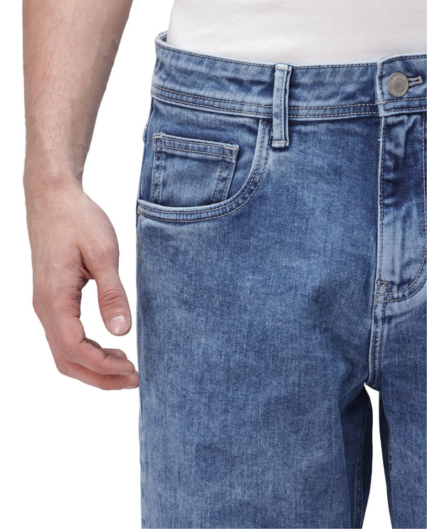 Rare Rabbit Men's Sam-2 Light Blue Mid-Wash Mid-Rise Carrot Fit Jeans