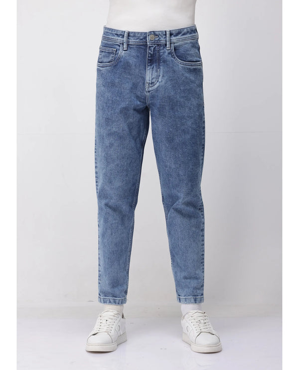 Rare Rabbit Men's Sam-2 Light Blue Mid-Wash Mid-Rise Carrot Fit Jeans