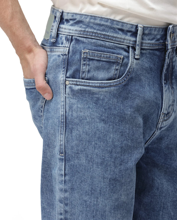 Rare Rabbit Men's Sam-2 Light Blue Mid-Wash Mid-Rise Carrot Fit Jeans