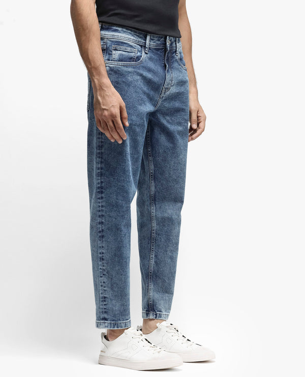 Rare Rabbit Men's Sam-2 Light Blue Mid-Wash Mid-Rise Carrot Fit Jeans