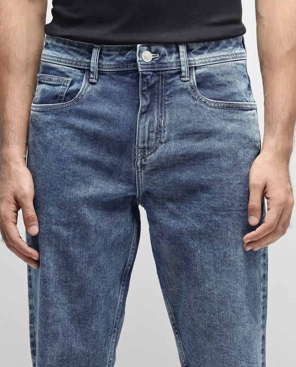Rare Rabbit Men's Sam-2 Light Blue Mid-Wash Mid-Rise Carrot Fit Jeans