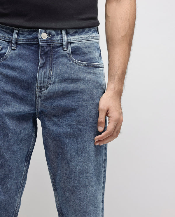 Rare Rabbit Men's Sam-2 Light Blue Mid-Wash Mid-Rise Carrot Fit Jeans