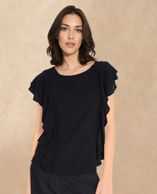 Rareism Women Samal Black Ruffled Sleeves Boat Neck Plain Top