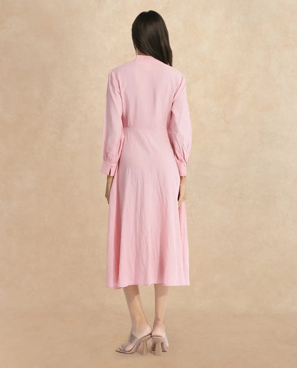 Rareism Women Samran Peach Bishop Sleeve V-Neck  Fit And Flare Maxi Plain Dress