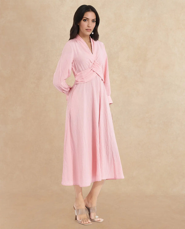 Rareism Women Samran Peach Bishop Sleeve V-Neck  Fit And Flare Maxi Plain Dress
