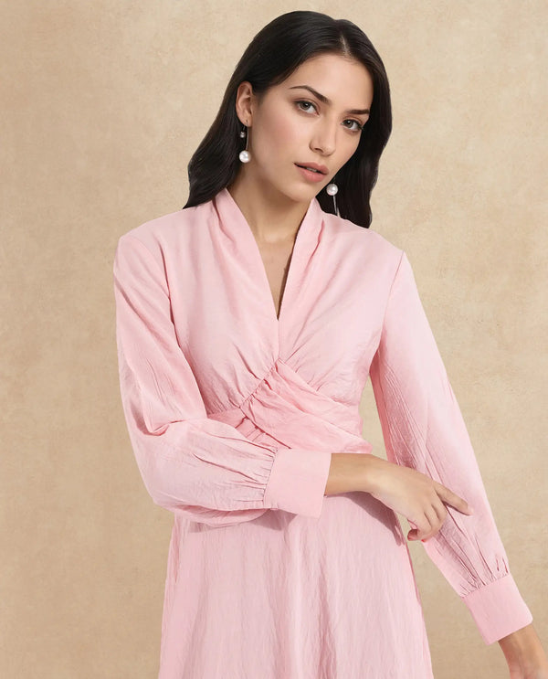 Rareism Women Samran Peach Bishop Sleeve V-Neck  Fit And Flare Maxi Plain Dress
